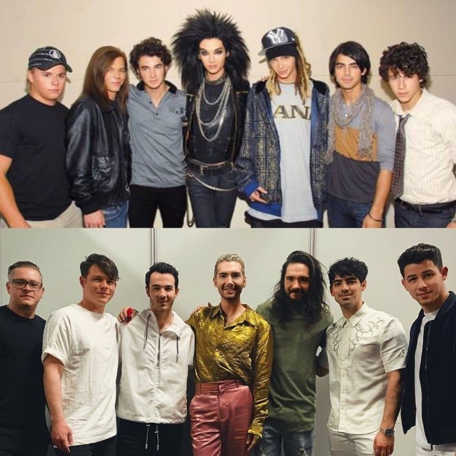 Tokio Hotel posing with Jonas Brothers 11 years later ...